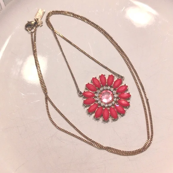 Kate Spade Long Gold Pink Flower Necklace NWOT - Picture 1 of 8